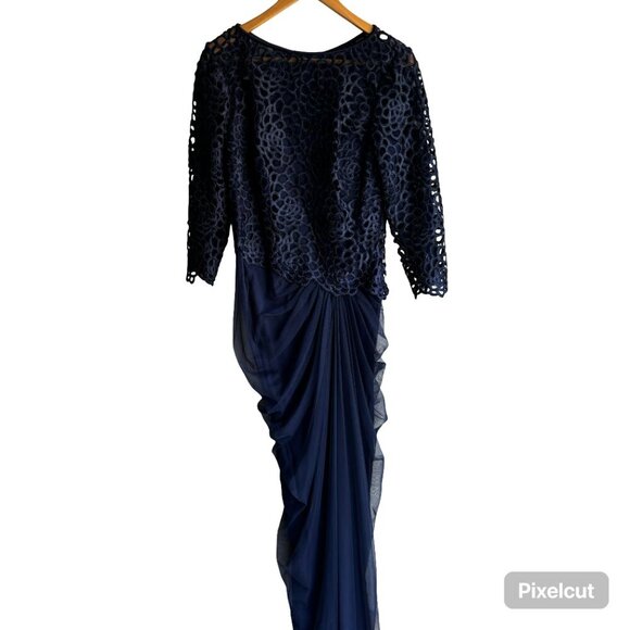 NWT Tadashi Shoji Formal Gown Size 6 Navy Blue Long Sleeve Floral Lace Bodice - Picture 2 of 16